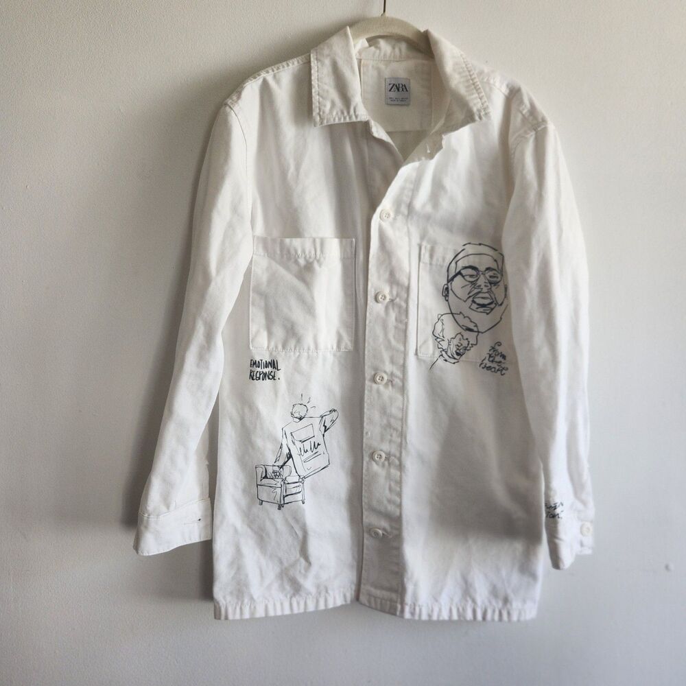 Zara men's denim white black overshirt jacket Size L novelty streetwear grunge